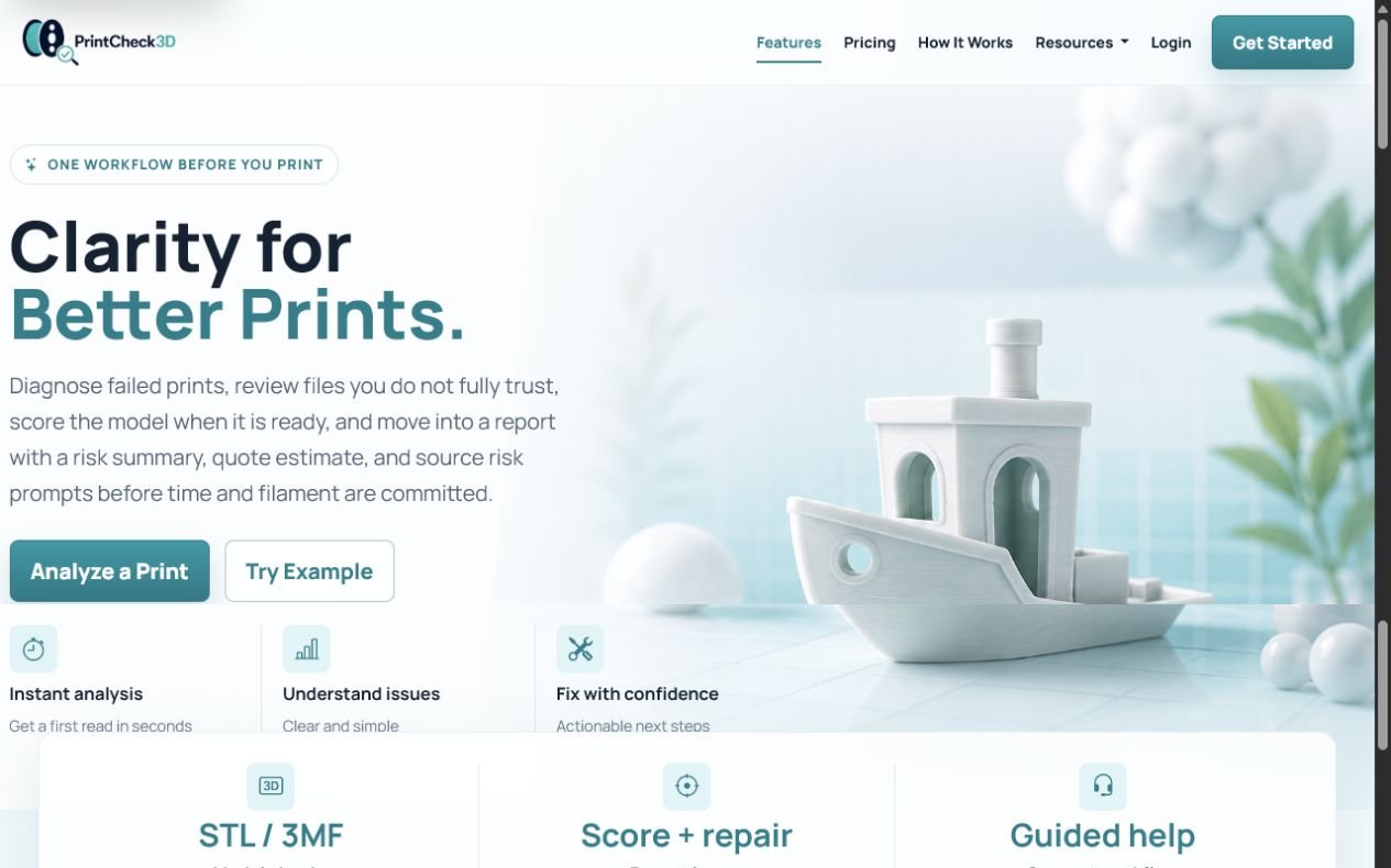 Earlier PrintCheck3D marketing interface showing a 3D-print analysis offer and upload call to action