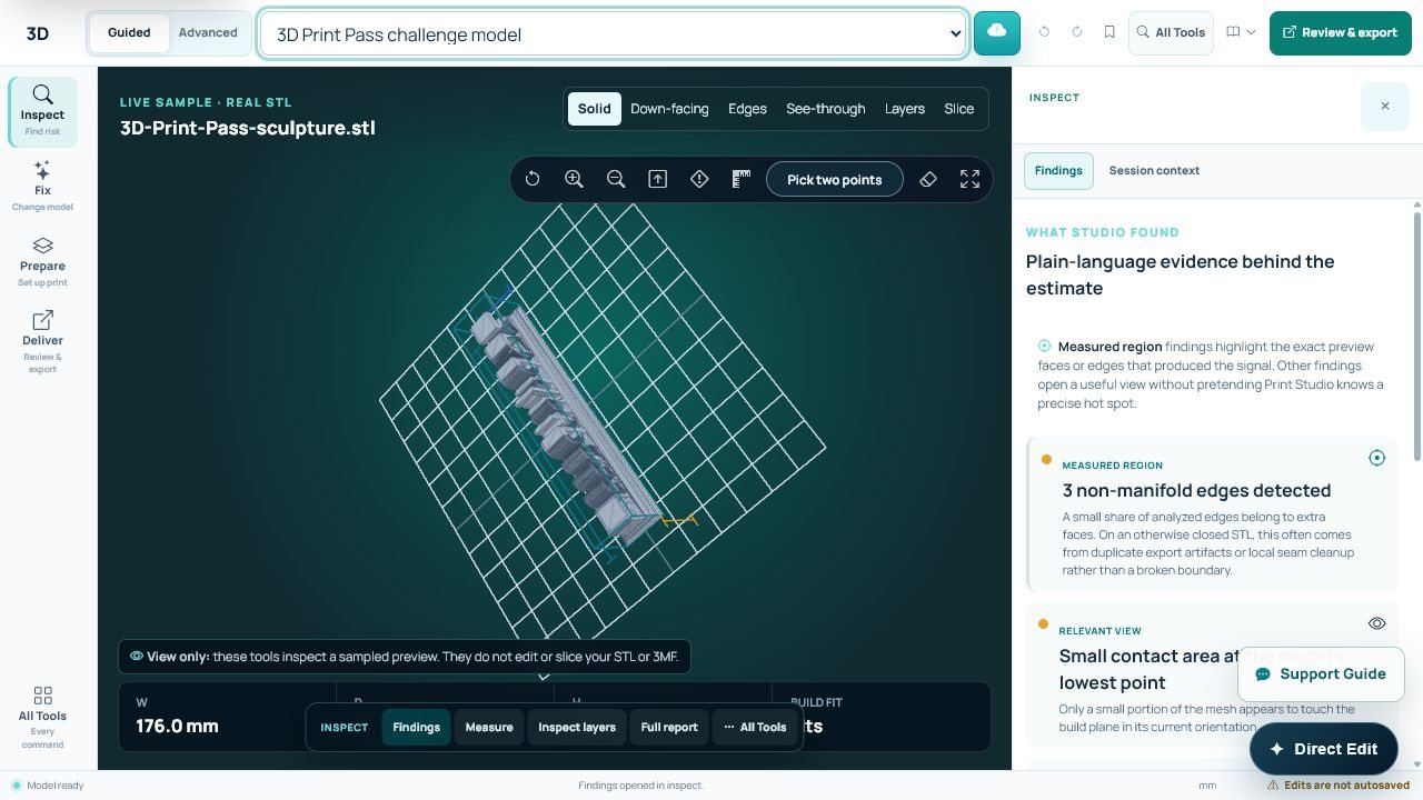 3D Print Pass application workspace with a model viewer, measured findings, and inspection controls